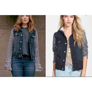 FREE PEOPLE Denim Trucker Jacket Black Knit Hoodie SZ XS